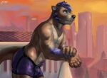  anthro balcony beard bulge clothing elliotttheotter facial_hair hairs juiceps male mammal muscular muscular_anthro mustelid otter solo underwear 