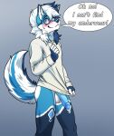  anthro azucaster balls blush bootywithabolt canid canine canis clothed clothing erection erection_under_clothing eyewear fur genitals glasses hair hi_res looking_at_viewer male mammal penis simple_background smile solo tail text 