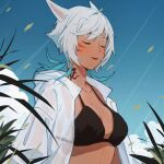  1girl animal_ears bikini black_bikini breasts cat_ears closed_eyes closed_mouth dark-skinned_female dark_skin facial_mark final_fantasy final_fantasy_xiv highres lyra-kotto miqo&#039;te neck_tattoo open_clothes open_shirt short_hair solo swimsuit tattoo upper_body whisker_markings white_hair y&#039;shtola_rhul 