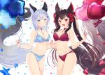  2girls animal_ears artist_name balloon between_breasts black_hair blue_bra blue_eyes blue_panties bow bra braid breasts cleavage closed_mouth commentary commission confetti english_commentary english_text fox_ears fox_girl fox_tail grey_hair hair_bow highres holding holding_balloon lingerie long_hair looking_at_viewer medium_breasts mixed-language_commentary multiple_girls navel open_mouth original osumi_izumi palms_together panties red_bow red_bra red_eyes red_panties short_hair sidelocks signature skeb_commission smile standing tail twintails underwear underwear_only 