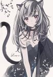  1girl animal_ear_fluff animal_ears artist_name black_dress black_hair brown_eyes cat_ears cat_tail closed_mouth dress hair_between_eyes highres jikuno light_brown_background long_hair looking_at_viewer multicolored_hair original simple_background solo tail white_hair 