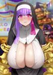  1girl blush breasts claw_(weapon) claws cleavage dress fate/extra fate/extra_ccc fate/grand_order fate_(series) habit hair_ribbon halloween highres huge_breasts long_hair looking_at_viewer nun passionlip_(fate) pink_eyes pink_ribbon purple_hair raskasar ribbon solo traditional_nun very_long_hair wavy_mouth weapon 