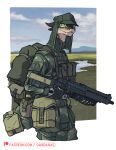  2022 anthro backpack biped clock clothed clothing cloud colored darbaras day detailed_background green_eyes gun hi_res holding_object lizard looking_at_viewer male outside patreon patreon_logo pouches pupils ranged_weapon reptile river scalie sky slit_pupils solo text uniform url watch water weapon 