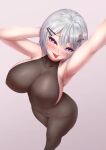  1girl absurdres aoi_hinamori arm_up blush bodystocking breasts cross from_above grey_hair hair_ornament heart heart-shaped_pupils highres indie_virtual_youtuber john_zerowb large_breasts latin_cross looking_at_viewer nipples pointy_ears purple_eyes see-through short_hair simple_background solo symbol-shaped_pupils tongue tongue_out virtual_youtuber 