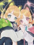 2girls :o animal_ear_headphones animal_ears black_skirt black_thighhighs blonde_hair blue_archive blue_bow blush bow cat_ear_headphones coat fake_animal_ears green_eyes guma_amam hair_bow halo headphones highres holding_hands hood hooded_coat long_sleeves looking_at_viewer midori_(blue_archive) momoi_(blue_archive) multiple_girls off_shoulder open_mouth parted_lips pink_eyes red_bow shirt short_hair siblings skirt teeth thighhighs twins upper_teeth_only white_coat white_shirt 