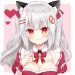  1girl animal_ear_fluff animal_ears bow breasts cat_ears cleavage closed_mouth dress frilled_dress frills grey_hair hair_between_eyes hair_bow hand_up heart large_breasts long_hair looking_at_viewer maid maid_headdress original pink_background puffy_short_sleeves puffy_sleeves red_bow red_dress red_eyes shikito short_sleeves smile solo two-tone_background two_side_up upper_body white_background 