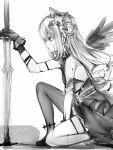 1girl absurdres amane_kanata angel_wings arm_strap blood blood_on_face empty_eyes expressionless feathered_wings from_side gloves greyscale halo highres hololive injury long_hair monochrome nanashi_(nlo) one_knee planted planted_sword single_thighhigh skindentation solo star_halo sword thigh_strap thighhighs translation_request virtual_youtuber weapon wings 