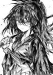  1girl bow breasts carrying_over_shoulder closed_mouth crossed_bangs debris frown greyscale hair_bow highres holding holding_sword holding_weapon isekai_samurai japanese_clothes katana kimono long_hair long_sleeves looking_at_viewer monochrome monogrbl ponytail sash scar scar_on_face scar_on_nose sidelocks small_breasts solo standing sword tsukitsuba_ginko wakizashi weapon 