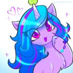  &lt;3 ball blue_hair blue_mane bracelet cheek_tuft chest_tuft equid equine eye_through_hair eyelashes facial_tuft female feral fur hair hasbro hi_res hooves horn izzy_moonbow_(mlp) jewelry looking_up mammal mane mlp_g5 my_little_pony open_mouth open_smile purple_body purple_fur purple_hooves qwennondeathdie signature simple_background smile solo tennis_ball translucent translucent_hair tuft unicorn unicorn_horn white_background 