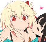  2girls arm_over_head atenaba black_hair blonde_hair bracelet closed_eyes closed_mouth facing_another hair_between_eyes hair_ribbon hand_on_another&#039;s_cheek hand_on_another&#039;s_face hand_on_another&#039;s_shoulder heart highres imminent_kiss inoue_takina jewelry long_hair lycoris_recoil multiple_girls nishikigi_chisato red_eyes red_ribbon ribbon short_hair simple_background upper_body white_background yuri 
