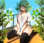  1girl absurdres alternate_breast_size alternate_costume artist_name black_thighhighs blue_sky blurry blurry_foreground breasts cedric_(gear_art) clothes_pull collarbone commentary covered_nipples curly_hair green_eyes green_hair highres looking_at_viewer medium_breasts no_panties one-punch_man outdoors parted_lips psychic pulled_by_self railing see-through see-through_shirt shirt shirt_pull short_hair short_sleeves siblings sisters sitting sky smile solo swept_bangs tatsumaki thighhighs thighs wariza white_shirt 