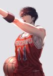  1boy arm_up ball bare_shoulders basketball_(object) basketball_jersey basketball_uniform black_hair black_wristband brown_eyes commentary_request eilinna english_commentary grey_background hair_between_eyes holding holding_ball looking_away male_focus messy_hair mixed-language_commentary open_mouth red_shirt red_shorts rukawa_kaede shirt short_hair shorts simple_background slam_dunk_(series) sleeveless sleeveless_shirt solo sportswear sweat teeth v-shaped_eyebrows wristband 