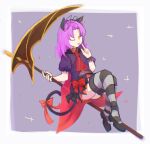  1girl animal_ears bow cat_ears cat_tail curtained_hair eiyuu_densetsu fake_animal_ears fake_tail full_body highres holding holding_scythe holding_weapon huge_weapon long_hair looking_at_viewer necktie one_eye_closed purple_hair rai_5555_ruuri renne_(eiyuu_densetsu) scythe simple_background skirt smile sora_no_kiseki tail tail_bow tail_ornament thighhighs tongue tongue_out weapon yellow_eyes 