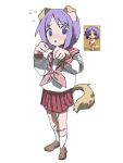  1girl :o animal_ears blue_eyes blue_pupils blush brown_footwear dog_ears dog_girl dog_tail enorari floppy_ears full_body hands_up highres hiiragi_tsukasa light_purple_hair long_sleeves looking_at_viewer lucky_star miniskirt neckerchief nendoroid nose_blush open_mouth parted_bangs paw_pose photo-referenced pink_neckerchief pleated_skirt red_sailor_collar red_skirt ryouou_school_uniform sailor_collar school_uniform serafuku shoes short_hair simple_background skirt socks solo standing tail white_background white_serafuku white_socks 