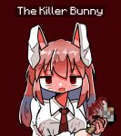  1girl animal_ears axe blood blood_on_clothes blood_on_face blood_on_hands blood_on_weapon dot_nose english_text holding holding_weapon kasuya_baian light_smile long_hair long_sleeves looking_at_viewer minecraft minecraft_axe necktie open_mouth pink_hair rabbit_ears rabbit_girl red_background red_eyes red_necktie reisen_udongein_inaba shirt simple_background touhou upper_body weapon white_shirt yandere 