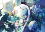  &gt;_&lt; :d bathing bathtub black_eyes closed_eyes commentary_request curtains eko_(wk_egg) evolutionary_line faucet flower indoors lying open_mouth plant pokemon potted_plant quagsire smile table towel water watermark window wooper 