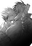  2boys collared_shirt crying glasses greyscale gun hand_up holding holding_gun holding_weapon hug jacket long_sleeves looking_at_viewer male_focus monochrome multiple_boys nicholas_d._wolfwood revolver round_eyewear saeldam shirt short_hair simple_background spiked_hair tears trigun vash_the_stampede weapon 