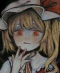  1girl absurdres blonde_hair blood blood_on_hands flandre_scarlet hat highres licking_lips looking_at_viewer medium_hair mob_cap red_eyes side_ponytail solo svveetberry tongue tongue_out touhou upper_body 