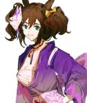  1girl animal_ears blue_eyes breasts brown_hair chest_sarashi cleavage fang fox_mask hair_between_eyes hand_on_own_hip highres hikawayunn horse_ears horse_girl inari_one_(umamusume) japanese_clothes kimono large_breasts long_sleeves looking_at_viewer mask open_mouth purple_kimono sarashi short_hair simple_background smile solo twintails umamusume white_background 