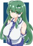  1girl :3 be_yu blue_background blue_skirt detached_sleeves frog frog_hair_ornament green_eyes green_hair hair_ornament hair_tubes highres kochiya_sanae long_hair looking_at_viewer nontraditional_miko single_hair_tube skirt snake snake_hair_ornament solo sweatdrop touhou upper_body white_background 