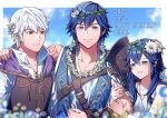  1girl 2boys ameno_(a_meno0) arm_tattoo bare_shoulders blue_eyes blue_sky blue_vest blush brown_eyes cape character_name chrom_(fire_emblem) chrom_(valentine)_(fire_emblem) cloud collarbone collared_shirt dated dress father_and_daughter fire_emblem fire_emblem_awakening fire_emblem_heroes flower hair_flower hair_ornament hand_on_another&#039;s_shoulder happy_birthday head_wreath height_difference long_hair looking_at_another looking_at_viewer lucina_(fire_emblem) lucina_(valentine)_(fire_emblem) multiple_boys muscular muscular_male official_alternate_costume purple_cape robin_(fire_emblem) robin_(male)_(fire_emblem) robin_(male)_(valentine)_(fire_emblem) shirt short_hair sky sleeveless sleeveless_dress sleeveless_shirt smile tattoo vest white_dress white_flower white_hair white_shirt 