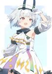  1girl :d arm_up armpits ascot commentary_request detached_sleeves gloves grey_hair highres horns looking_away re:act red_eyes short_hair smile solo totomono upper_body virtual_youtuber white_background white_gloves yagiri_mei 