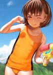  1girl absurdres blue_sky blurry blurry_background brown_eyes brown_hair cameltoe cloud commentary_request cowboy_shot cumulonimbus_cloud curled_fingers day depth_of_field hand_up highres holding holding_water_gun jishimaru looking_at_viewer mountain mountainous_horizon one-piece_swimsuit one_eye_closed original outdoors paid_reward_available parted_lips school_swimsuit school_uniform shadow short_hair sky smile solo swimsuit two-tone_swimsuit water_gun wince yellow_one-piece_swimsuit 