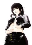  1girl black_eyes black_hair black_pants black_shirt chainsaw_man cropped_shirt hand_on_own_stomach highres midriff mifune_fumiko namako_(rikina_kazuhisa) navel pants pinching shirt solo stomach white_background 