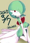  1girl absurdres artist_name bob_cut closed_mouth colored_skin commentary_request dated dated_commentary expressionless flat_chest full_body gardevoir gardevoir_day green_hair green_skin hair_over_one_eye highres kneeling komhey looking_at_viewer multicolored_skin one_eye_covered outline pokemon pokemon_(creature) red_eyes short_hair signature simple_background solo thighs twitter_username two-tone_skin white_outline white_skin yellow_background 