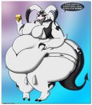  2019 absurd_res anthro belly belly_pinch big_belly big_breasts big_butt bodily_fluids bottomwear breasts butt clothing deep_navel demon digital_media_(artwork) drooling eating english_text female food gateon hi_res huge_breasts huge_thighs navel nimis_(viroveteruscy) obese obese_anthro obese_female overweight overweight_anthro overweight_female pastry purple_sclera red_eyes saliva solo speech_bubble text thick_thighs tongue tongue_out topwear viroveteruscy world_gates 