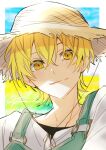  1boy absurdres blonde_hair blue_overalls brown_headwear bungou_stray_dogs closed_mouth freckles hat highres looking_at_viewer male_focus miyazawa_kenji_(bungou_stray_dogs) overalls r1kuuw shirt short_hair smile solo straw_hat upper_body white_shirt yellow_eyes 
