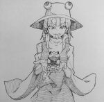  1girl animal frog greyscale hair_tubes hat highres holding holding_animal kanaria_(bocmn) long_sleeves looking_at_viewer monochrome moriya_suwako shirt sidelocks simple_background sketch skirt tongue tongue_out touhou traditional_media vest wide_sleeves 