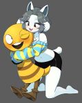  absurd_res anthro blush bottomwear clothing crop_top duo embrace female flowerpigeon73 hi_res hug hugging_from_behind looking_back male male/female monster_kid one_eye_closed open_mouth shirt shorts smile tem temmie_(undertale) topwear undertale undertale_(series) wholesome 
