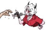  1boy 1girl black_collar black_gloves black_horns cigarette collar cross demon demon_girl demon_horns giving gloves half-closed_eyes helltaker horns matsumoto_(matsumoto_kougyou) red_eyes red_shirt sharp_teeth shirt smirk teeth white_background white_hair zdrada_(helltaker) 