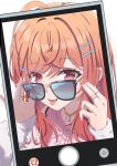  1girl ahoge cellphone highres hololive ichijou_ririka jewelry long_hair looking_over_eyewear orange_eyes orange_hair orange_nails phone ring smartphone sunglasses synn032 taking_picture tongue tongue_out virtual_youtuber white_background 