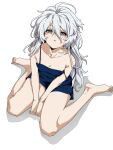  1girl barefoot breasts cleavage commentary_request from_above grey_eyes gundam gundam_suisei_no_majo hair_between_eyes long_hair looking_at_viewer miorine_rembran off_shoulder simple_background small_breasts solo toes wakoudo white_background white_hair 