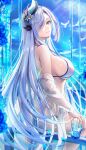  1girl absurdres bikini blue_eyes blue_sky breasts crystalfly_(genshin_impact) drink genshin_impact hair_ornament hair_over_one_eye highres holding holding_drink large_breasts long_hair looking_at_viewer open_clothes open_shirt otabaaa shenhe_(genshin_impact) shirt sideboob sky solo swimsuit very_long_hair white_bikini white_hair white_shirt 