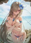 1girl armband asuna_(blue_archive) bangs bare_shoulders bikini blue_archive blue_eyes blush bracelet breasts flower hair_flower hair_ornament hair_over_one_eye highres jewelry large_breasts light_brown_hair long_hair looking_at_viewer mole mole_on_breast nail_polish navel o-ring o-ring_swimsuit outdoors ribbon smile solar_(happymonk) solo swept_bangs swimsuit teeth thigh_gap thighs water_drop wet 