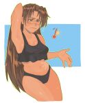  1girl azumanga_daioh black_bra black_panties blush bra breasts brown_eyes brown_hair chzzei cleavage closed_mouth glasses highres long_hair medium_breasts mizuhara_koyomi navel panties parted_bangs solo sun sweat tan tanlines underwear 