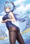  1girl ahoge ass bare_shoulders blue_hair blue_one-piece_swimsuit blush breasts commentary_request ganyu_(genshin_impact) genshin_impact goat_horns horns impossible_clothes impossible_swimsuit koyuki_(kotatsu358) large_breasts long_hair looking_at_viewer new_school_swimsuit one-piece_swimsuit pantyhose partial_commentary purple_eyes school_swimsuit solo swimsuit 