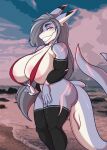  anthro beach big_breasts bikini bikini_top breasts clothing female fish hair hi_res long_hair looking_at_viewer marine muscular pulling_clothing seaside serena_valentine shark smile solo swimwear 