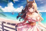  #summer_#besties_(umamusume) 2girls animal_ears bare_shoulders beach bracelet breasts brown_hair cleavage cloud corset day diffraction_spikes dress frilled_dress frills gold_ship_(run_revolt_launcher)_(umamusume) gold_ship_(umamusume) horizon horse_ears horse_girl jewelry long_hair multiple_girls neck off-shoulder_dress off_shoulder open_mouth outdoors palm_tree pink_dress purple_eyes railing rukinya_(nyanko_mogumogu) sand small_breasts smile solo_focus super_smashing_summer_vacation_(umamusume) surfboard surfing tosen_jordan_(aurore_vacances)_(umamusume) tosen_jordan_(umamusume) tree umamusume water 