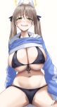  1girl absurdres animal_ears areola_slip bikini black_bikini blue_archive blue_hoodie blush breasts brown_hair cameltoe covered_nipples cropped_hoodie fake_animal_ears halo highres hood hoodie ibara_azuki large_breasts long_hair looking_at_viewer moe_(blue_archive) moe_(swimsuit)_(blue_archive) navel official_alternate_costume open_mouth rabbit_ears side-tie_bikini_bottom sitting smile solo swimsuit twintails yellow_eyes 