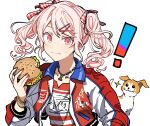  ! 1other absurdres akiyama_mizuki blush bracelet burger cherry_necklace cherry_print closed_mouth dog dotabata_cafe_rec!!_(project_sekai) eating food food_print hair_ornament hair_ribbon hairclip highres hoshi-toge jacket jewelry pink_eyes pink_hair plaid plaid_ribbon project_sekai red_jacket red_nails red_ribbon red_shirt ribbon shirt sidelocks simple_background smile sweat twintails white_background 