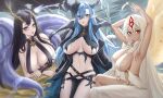  3girls absurdres antlers arms_up asymmetrical_horns azur_lane black_hair blue_eyes blue_hair breasts breasts_apart commentary_request dark-skinned_female dark_skin golden_hind_(azur_lane) hair_between_eyes highres horns huge_breasts ichikushi_mojibake large_breasts long_hair looking_at_viewer mary_celeste_(azur_lane) multiple_girls pointy_ears red_eyes reindeer_antlers revealing_clothes sao_martinho_(azur_lane) tentacles tongue tongue_out very_long_hair white_hair 