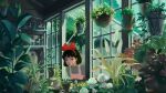  1girl absurdres anbean apron artist_name black_hair bow cattail commentary english_commentary flower glass_bottle greenhouse hanging_plant highres indoors jar kiki_(majo_no_takkyuubin) leaf leaning_forward looking_at_plant looking_inside looking_through_window majo_no_takkyuubin mason_jar medium_hair open_mouth outdoors pink_apron pink_flower plant potted_plant red_bow scene_reference sky studio_ghibli white_flower 