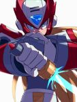  1boy armor blonde_hair blue_eyes bodystocking energy_sword fighting_stance forehead_jewel gloves glowing glowing_eye helmet long_hair looking_at_viewer male_focus mega_man_(series) mega_man_x_(series) phfr3843 ponytail shoulder_armor sword weapon white_background zero_(mega_man) 