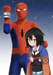 1boy 1girl absurdres black_hair bodysuit brown_eyes caibao_return closed_mouth hand_up height_difference highres jacket jacket_on_shoulders light_blush looking_at_viewer marvel mask medium_hair necktie parted_bangs peni_parker shirt spider-man spider-man_(series) spider-man_(toei) superhero sweat sweater yamashiro_takuya 