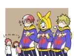  1girl 4boys all_might all_might_(cosplay) bakugou_katsuki blonde_hair blush boku_no_hero_academia border brown_background brown_hair closed_eyes closed_mouth commentary_request cosplay freckles green_hair hood hood_up hoodie kirishima_eijirou koo1088 long_sleeves midoriya_izuku multicolored_hair multiple_boys open_mouth outside_border red_hair short_hair short_sleeves simple_background smile spiked_hair split-color_hair standing todoroki_shouto uraraka_ochako white_border white_hair 