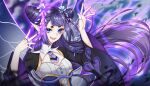  1girl :d black_sleeves blue_eyes blue_wings blunt_bangs cleavage_cutout clothing_cutout cone_hair_bun dark_background double_bun fairy fairy_wings floating_hair flower hair_bun hair_flower hair_ornament hands_up highres kumu_zaisheng long_hair long_sleeves looking_at_viewer magic open_hands overskirt pointy_ears purple_flower purple_hair purple_jabot purple_skirt shirt short_eyebrows skirt smile solo teeth thread upper_body upper_teeth_only very_long_hair white_shirt wide_sleeves wings xiao_huaxian yuji_(xiao_huaxian) 